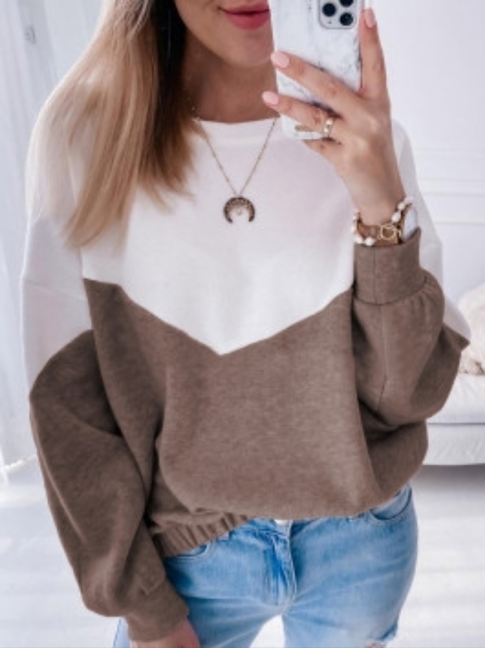 Women’s Color Block Sweater Brown Cream Chevron Pullover Long Sleeve Casual S XL